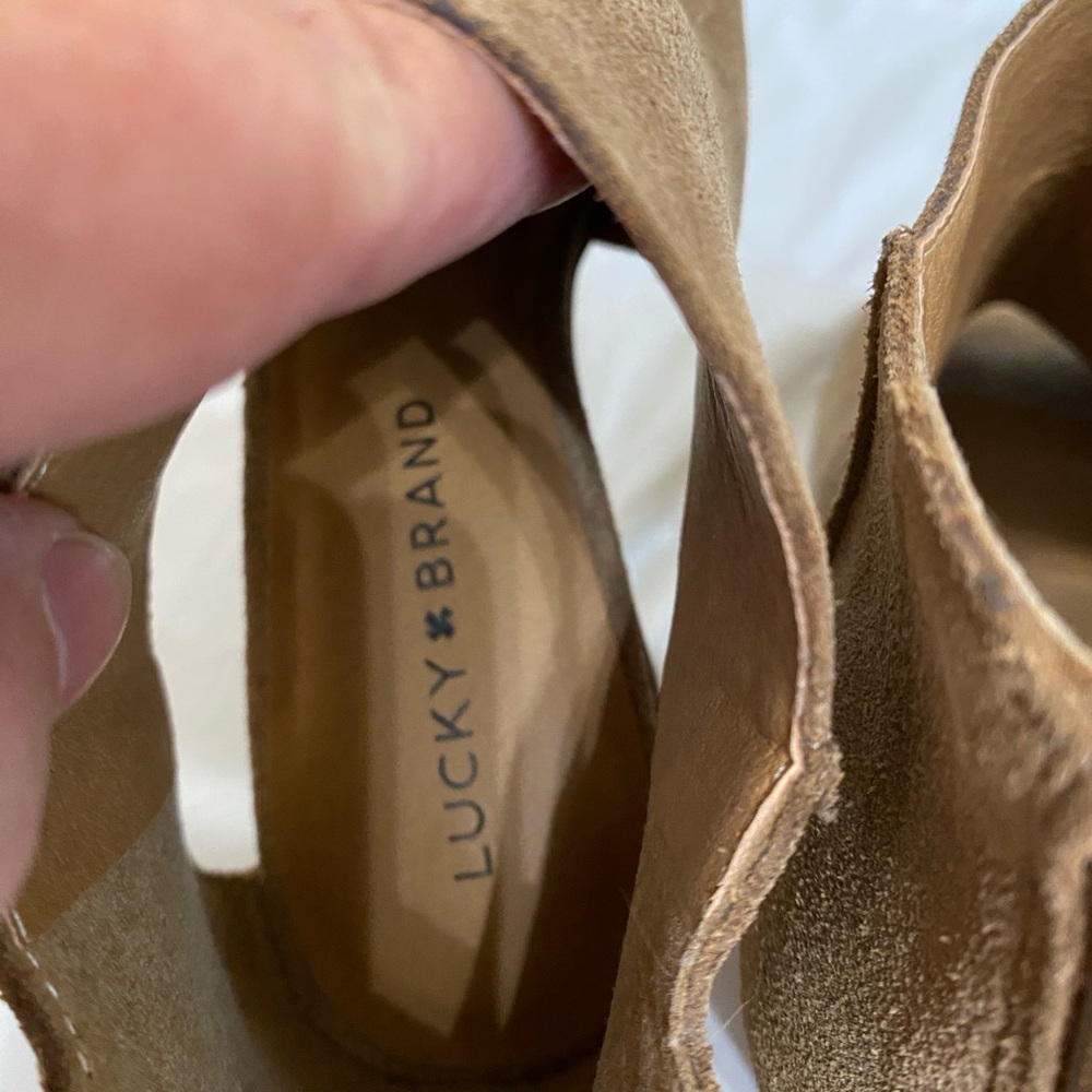 Lucky Brand Keight Tan Suede Peep-Toe Heeled Boots, Women’s Size 7 - Picture 8 of 9